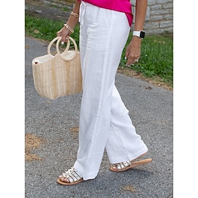 Women's Wide Leg Linen Pants Casual Baggy Full Length Cotton Side Pockets Micro-elastic Mid Waist Fashion Street Vacation White S M9562448