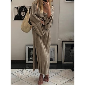 Women's Sweater Dress V Neck Ribbed Knit Acrylic Split Fall Winter Long Outdoor Daily Going out Stylish Casual Soft Long Sleeve Solid Color Khaki S M L9701194